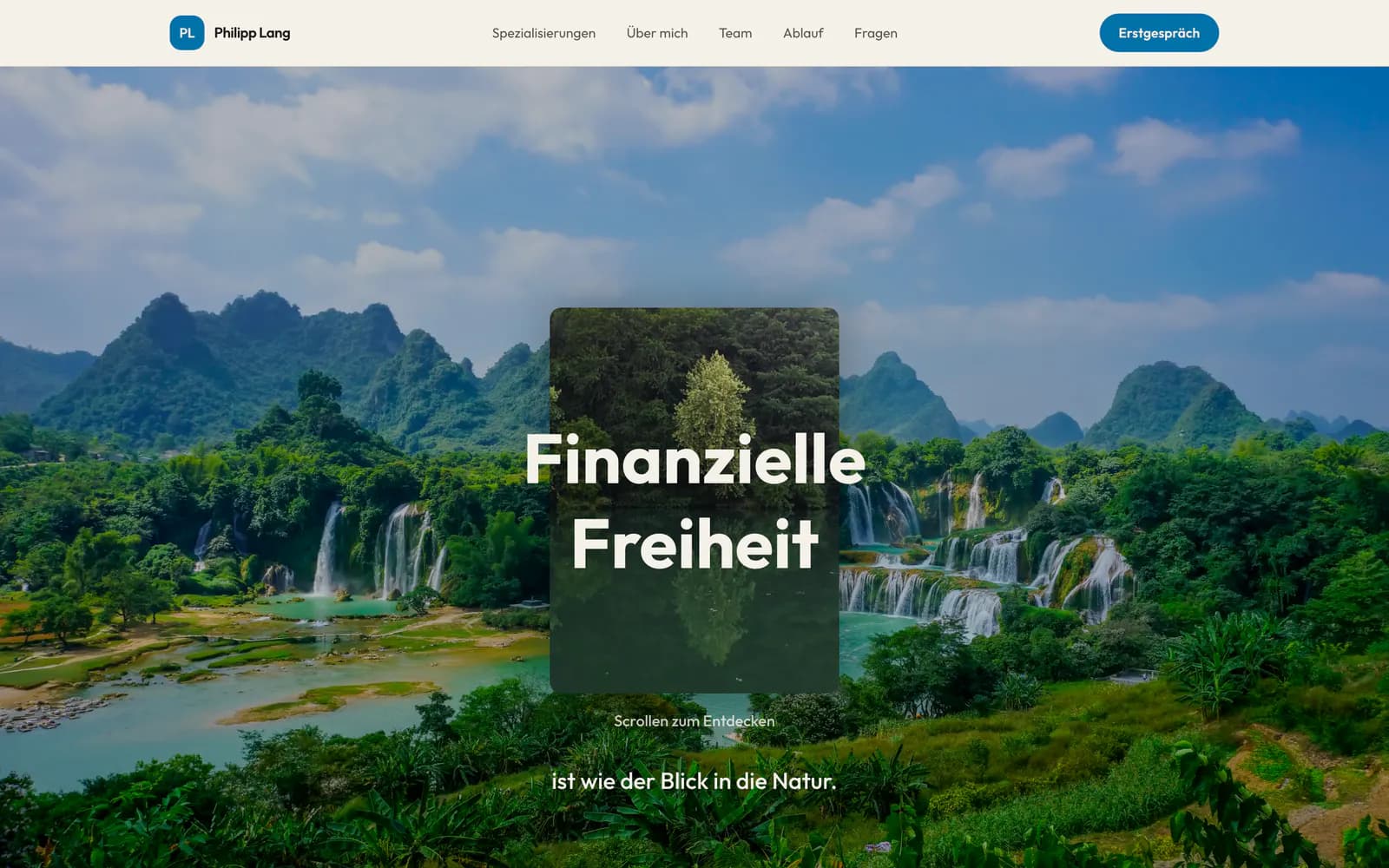 Homepage für Philipp Lang mit großflächiger Naturbildwelt und klarer Positionierung